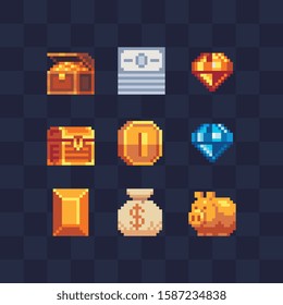 Money symbol pixel art icons set, pirate open chest, banknotes, piggy bank, Precious stone, gold bar and bag with dollar sign. Design for mobile app, web. Isolated vector illustration. 8-bit sprites.