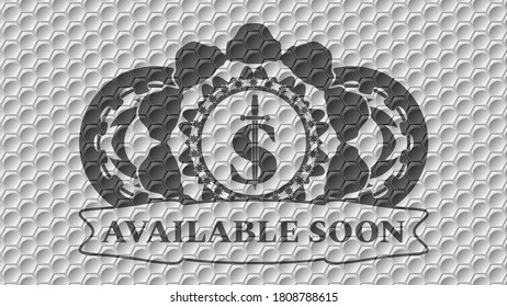 money symbol with sword icon and available soon text grey color shiny geometric style pattern realistic badge. Trendy handsome background. Intense illustration. 