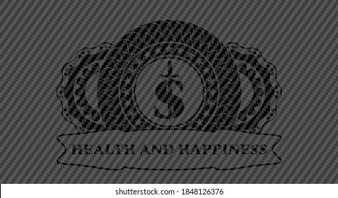 money symbol with sword icon and Health and happiness text carbon fiber dark badge. Polymer texture classic background. Vector illustration. 
