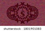 money symbol with sword icon inside red brick stone wall realistic badge. Tiles fashionable background. Artistic illustration. 