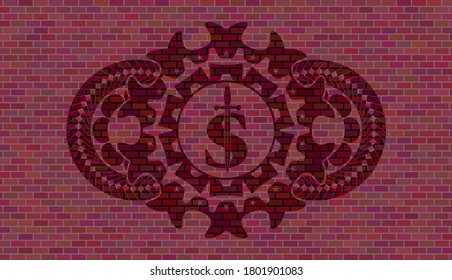 money symbol with sword icon inside red brick stone wall realistic badge. Tiles fashionable background. Artistic illustration. 