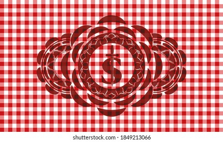 money symbol with sword icon inside red checkered tablecloth badge. Restaurant handsome background. Vector illustration. 