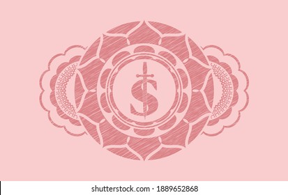 money symbol with sword icon inside Pink stroke realistic badge. Rose color classic background. Vector illustration. 
