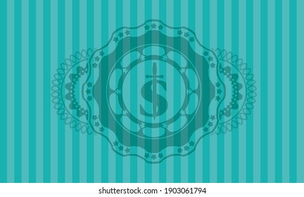 money symbol with sword icon inside Turquoise color realistic emblem. Bars delicate background. Illustration. 