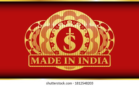 money symbol with sword icon and Made in India text Red and Gold realistic emblem. Traditional delicate background. Vector illustration. 