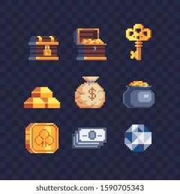 Money symbol, treasure pixel art icons set. Pirate chest, diamond, gold bars, key, banknotes, coin, pot of gold and bag with dollar sign. Design for mobile app, web. Isolated vector illustration. 