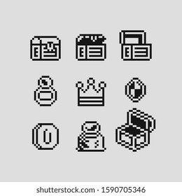 Money symbol, treasure pixel art icons set. Open pirate chest, diamond, gold bars, ring, coin, golden crown and bag with dollar sign. Design for mobile app, web. Isolated vector illustration. 8-bit. 