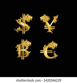 Money symbol in vintage Victorian metal elements and lion head on black​ background​