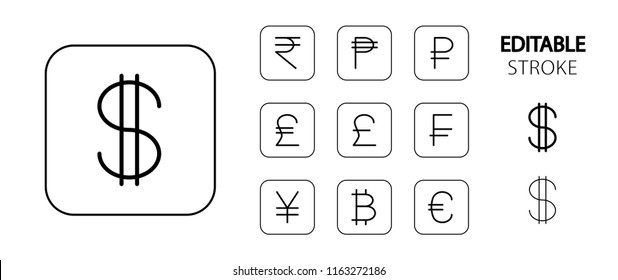 Money symbols. Money cash, banking and finance icon set. Simple outline web icons. Editable stroke. Vector illustration. 