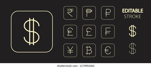 Money symbols. Money cash, banking and finance buttons. Golden icon set. Simple outline web icons. Editable stroke. Vector illustration. 