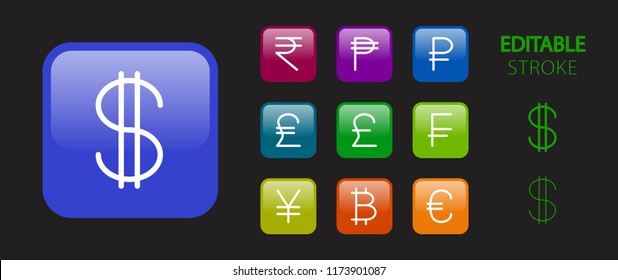 Money symbols. Money cash, banking and finance buttons. 3d icon set. Glossy colorful website icons. Editable stroke. Vector illustration. 