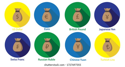 Los símbolos monetarios de diferentes países vectan plano. concepto de crisis monetaria por pérdidas económicas y empresariales.

