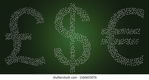 Money symbols of a pound dollar and euro make out of smaller symbols