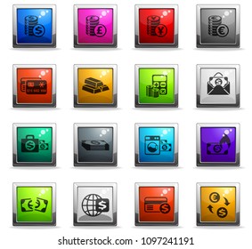 money symbols vector icons in square colored buttons for web and user interface design