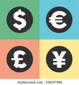 Money symbols vector illustration Currency symbols and money coins. Dollar, euro, yen and pound