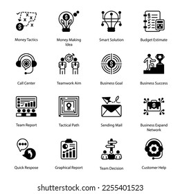 Tácticas de dinero, Idea de creación de dinero, Solución inteligente, estimación de presupuesto, informe de equipo, trayectoria táctica, envío de correo, red de expansión empresarial, decisión de equipo, iconos glifos - sólido, vectores