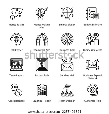 Money Tactics, Money Making Idea, Smart Solution, Budget Estimate, Team Report, Tactical Path, Sending Mail, Business Expand Network, Team Decision, Outline Icons - Stroked, Vectors