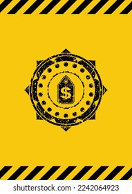 money tag icon black grunge emblem inside yellow warning sign. Vector Illustration. Detailed. 
