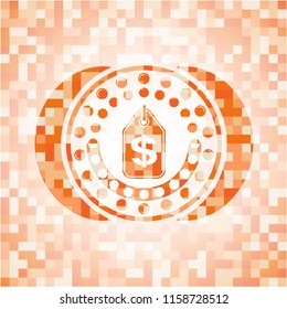 money tag icon inside abstract emblem, orange mosaic background