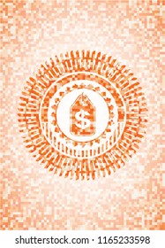 money tag icon inside abstract emblem, orange mosaic background