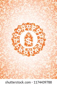 money tag icon inside abstract emblem, orange mosaic background