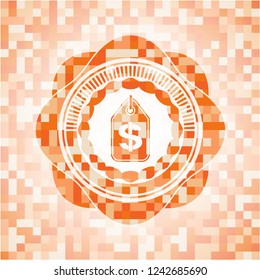 money tag icon inside abstract orange mosaic emblem with background