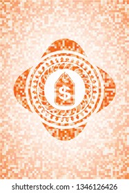 money tag icon inside abstract emblem, orange mosaic background