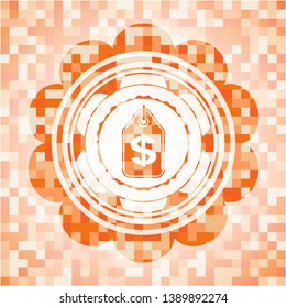 money tag icon inside abstract emblem, orange mosaic background