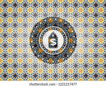 money tag icon inside arabesque style emblem. arabic decoration.