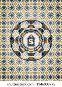 money tag icon inside arabesque style emblem. arabic decoration.