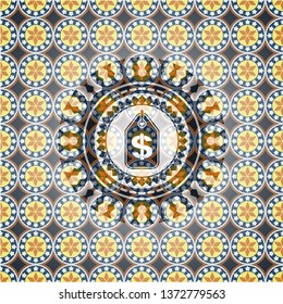 money tag icon inside arabesque badge. arabic decoration.