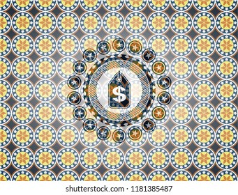 money tag icon inside arabic emblem. Arabesque decoration.