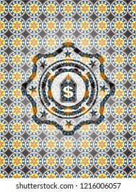 money tag icon inside arabic style badge. Arabesque decoration.