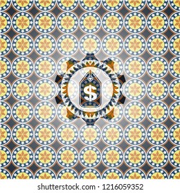 money tag icon inside arabic badge. Arabesque decoration.