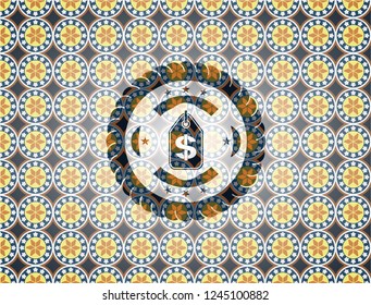 money tag icon inside arabic emblem background. Arabesque decoration.
