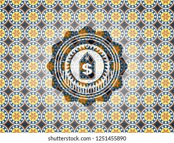 money tag icon inside arabic emblem. Arabesque decoration.