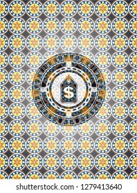 money tag icon inside arabic style emblem. Arabesque decoration.