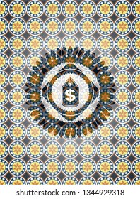 money tag icon inside arabic emblem background. Arabesque decoration.