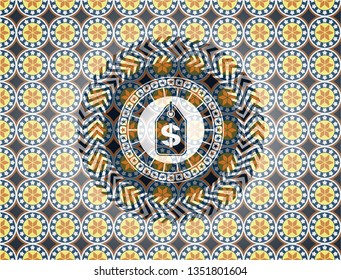 money tag icon inside arabic badge background. Arabesque decoration.