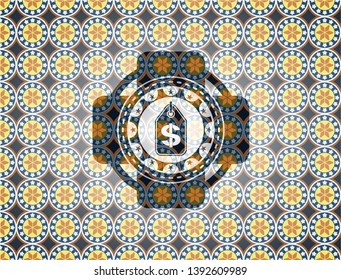 money tag icon inside arabic emblem background. Arabesque decoration.