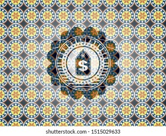 money tag icon inside arabic badge background. Arabesque decoration.