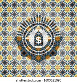 money tag icon inside arabic badge. Arabesque decoration.