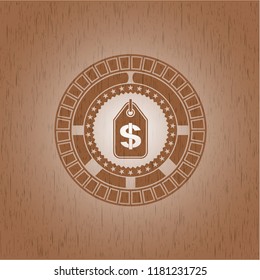 money tag icon inside badge with wooden background