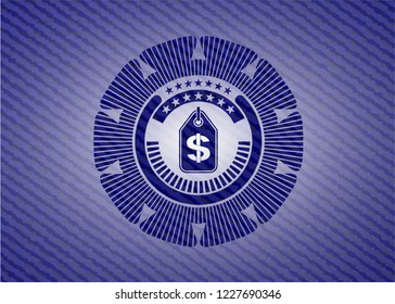 money tag icon inside badge with denim texture