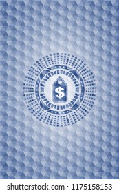 money tag icon inside blue emblem with geometric background.