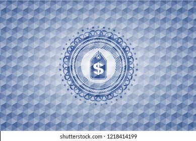 money tag icon inside blue emblem with geometric pattern.