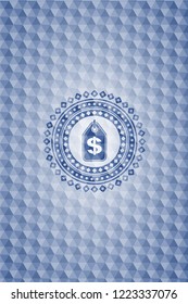 money tag icon inside blue badge with geometric background.