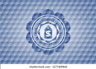 money tag icon inside blue emblem or badge with abstract geometric pattern background.