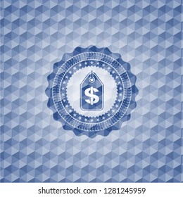 money tag icon inside blue hexagon emblem.