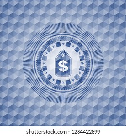 money tag icon inside blue badge with geometric pattern.